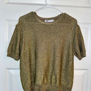 ZARA Gold Green Metallic Shimmer Knit Short Sleeve Sweater Top Medium